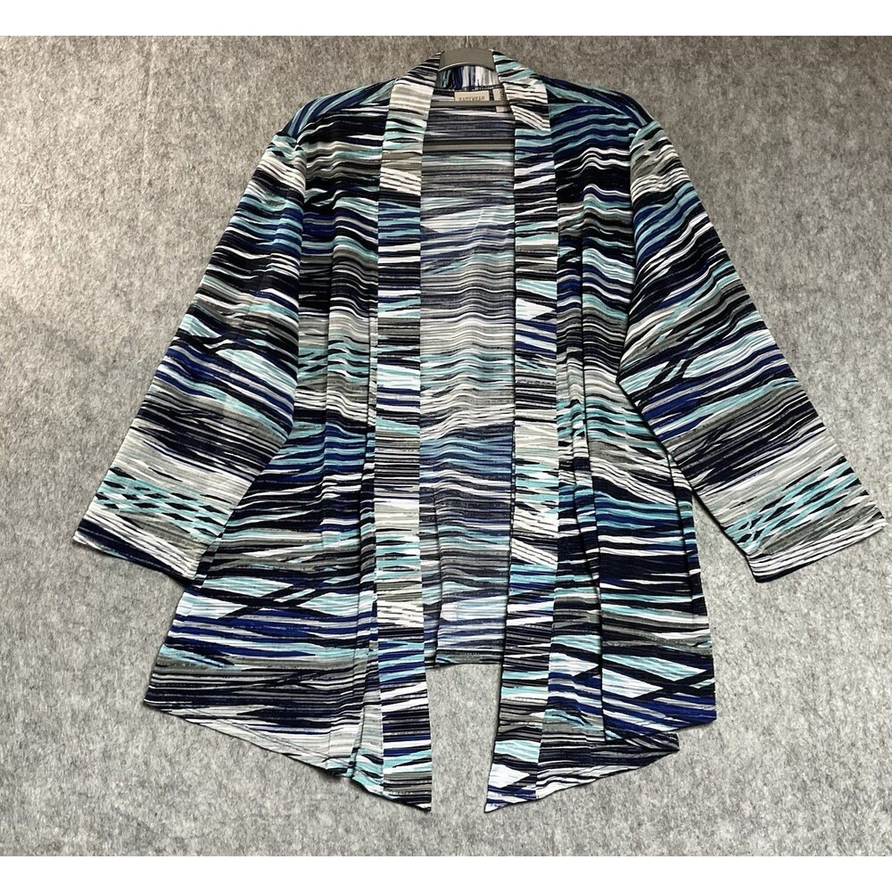 Chicos Easy Wear Top Layer Womens 3 XL Blue Green Striped Open Front Packable